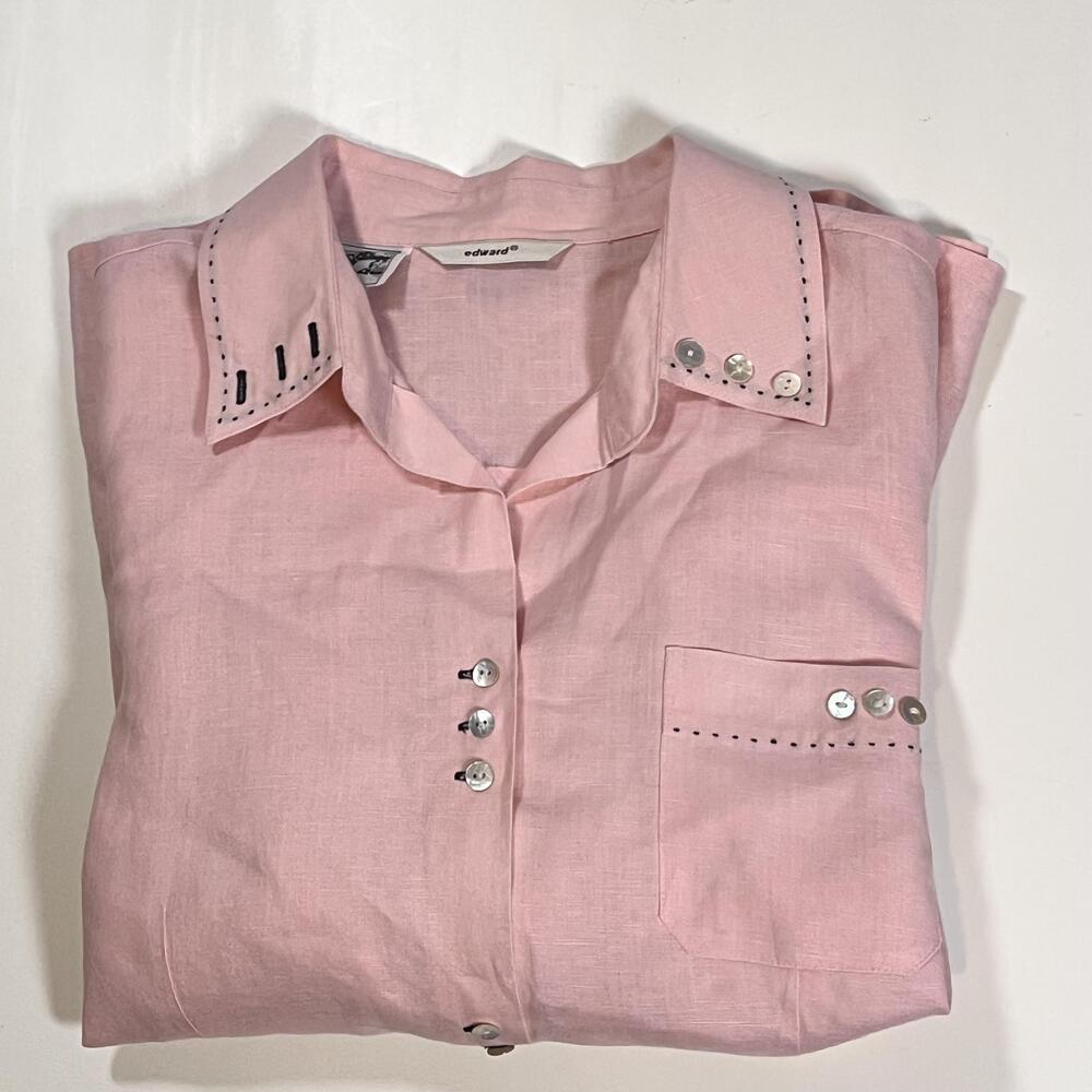 Irish Linen Edward Shirt Womens Rodeo Rockabilly Pink Button Front Embellished